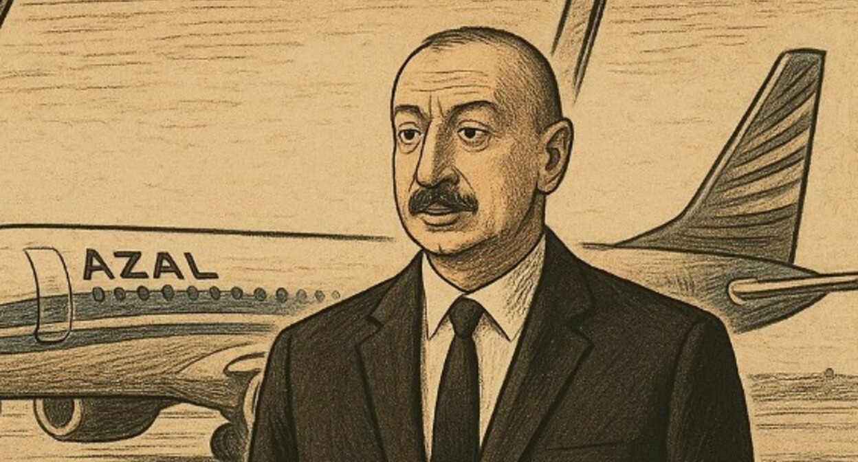 Ильхам Алиев на фоне самолета авиакомпании AZAL. Иллюстрация создана "Кавказским узлом" с помощью ИИ в программе Copilot.