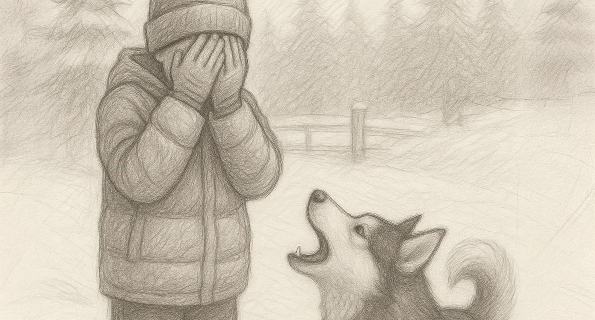 Хаски лает на мальчика. Иллюстрация создана «Кавказским узлом» с помощью ИИ в программе Copilot